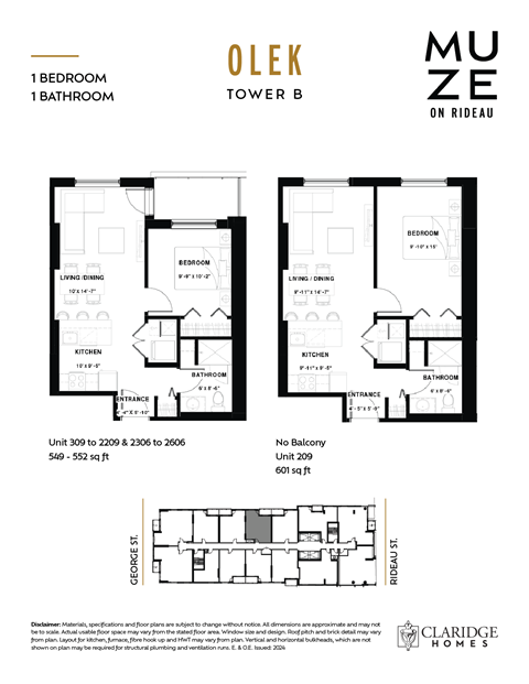 Floor plan for 1 bed, 1 bath, 552 sqft